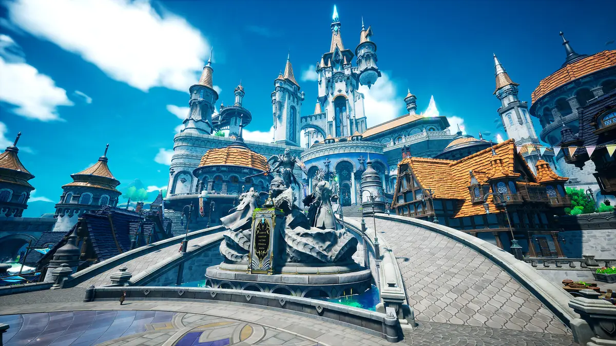 The white spires and orange rooftops of the Orbis royal castle in DragonSword: Awakening